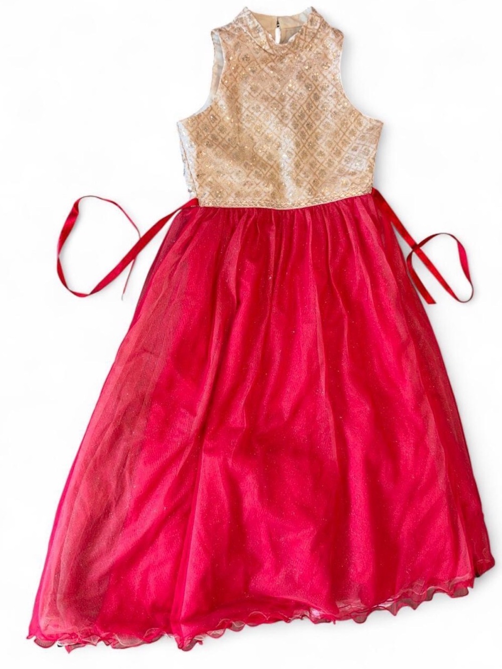 Rare Editions Gold Lace Bodice Red Tulle Formal Dress